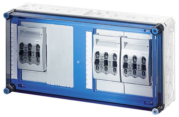 Ein rechteckiges, durchsichtiges Kunststoffgehäuse mit blauer Umrandung enthält mehrere weiße elektrische Schalter oder Sicherungsboxen.