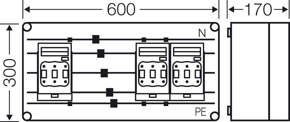 Technische Zeichnung eines Wandgehäuses mit Maßen 600x300x170 mm. Zeigt Innenaufbau mit zwei Steckdosen und elektrischen Komponenten.