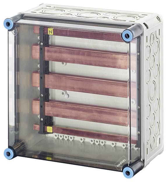 Elektrische Anschlussbox mit transparentem Gehäuse zeigt innere Kupferschienen und Anschlüsse, geeignet für Elektroinstallationen.