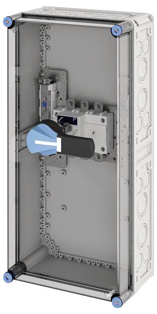 Transparenter Elektrokasten mit Schalter im Inneren. Der Schalter ist blau markiert und dient zur Steuerung von elektrischen Verbindungen.