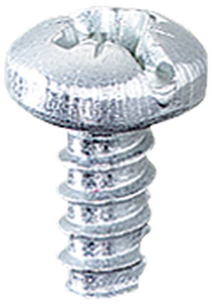 Eine silberne Metallschraube mit einem flachen, gerillten Kopf und einem spiralförmigen Gewinde.