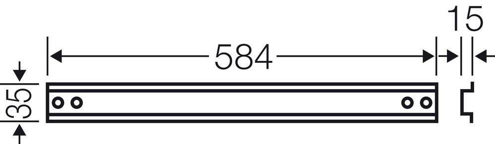 Diagramm eines rechteckigen Gegenstands mit den Maßen 584 x 35 mm. Zwei Löcher auf jeder Seite. Oben rechts 15 mm Randabstand.