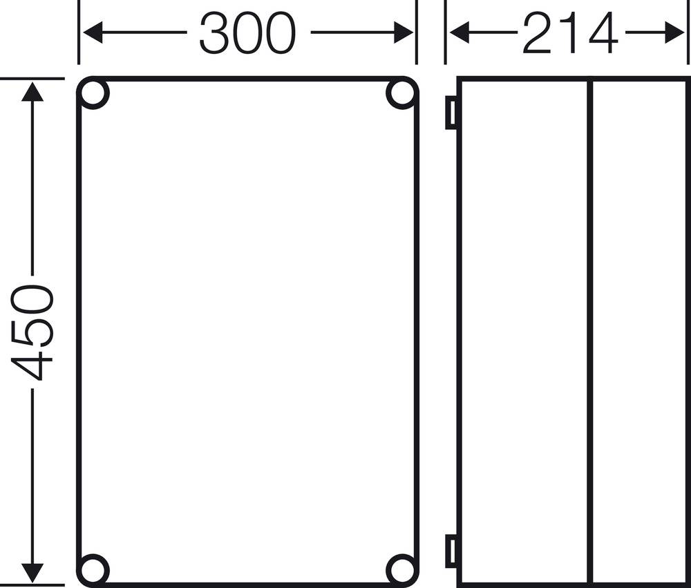 Technische Zeichnung eines rechteckigen Gehäuses mit den Maßen 300 x 214 x 450 mm, Draufsicht und Seitenansicht abgebildet.