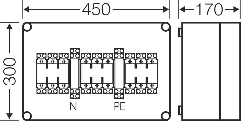 Schaltplan eines elektrischen Verteilers: Abmessungen 450mm x 300mm, mit Anschlüssen N und PE.