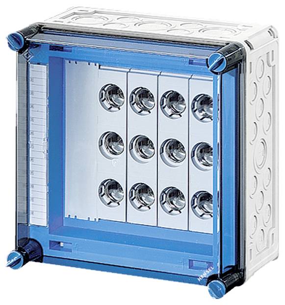 Ein quadratisches, transparentes Gehäuse mit blauem Rahmen und mehreren runden Öffnungen vorne, für elektrische Installationen.