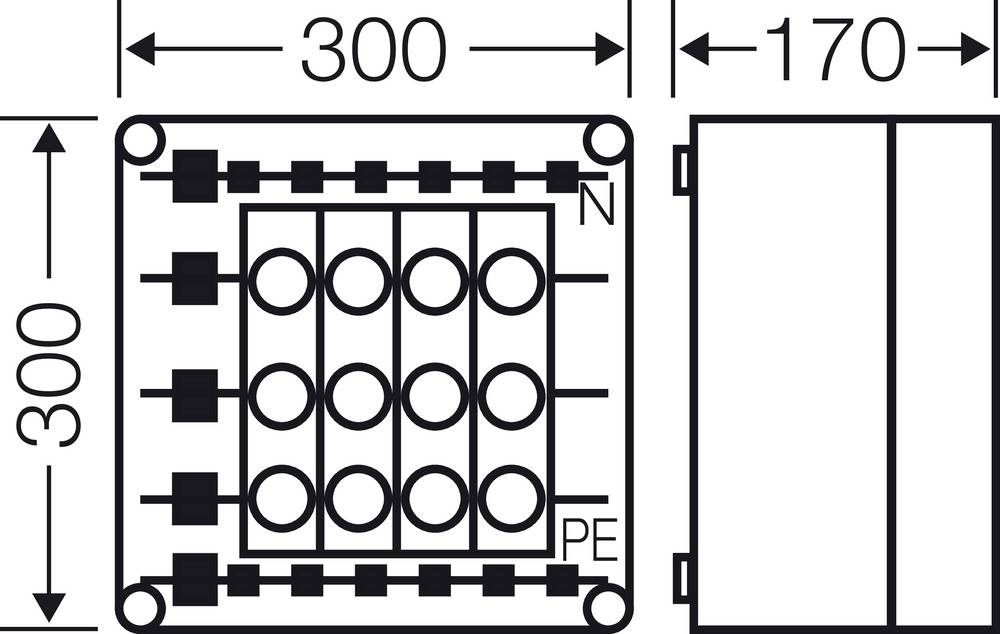 Schaltplan einer elektrischen Anschlussbox mit Abmessungen von 300 x 300 x 170 mm, zeigt Anschlussstellen für N und PE.