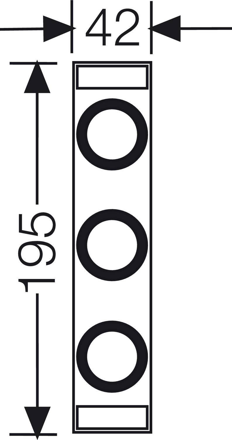 Technische Zeichnung einer rechteckigen Metallplatte mit drei runden Löchern. Maße: 42 mm Breite, 195 mm Höhe.