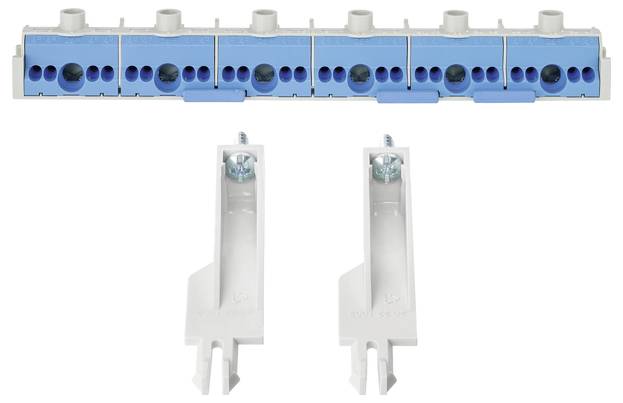 Blaue Reihenklemme mit mehreren Anschlussstellen und zwei weißen Montagehalterungen. Geeignet für elektrische Installationen.