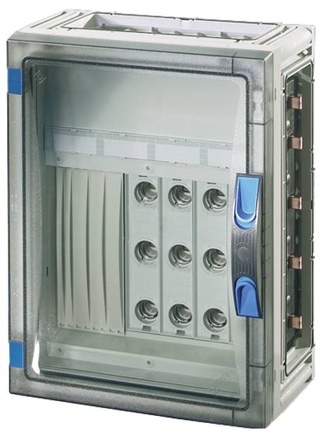Ein graues Elektroverteilergehäuse mit transparentem Deckel. Innen sind mehrere Steckleisten und Schalter sichtbar.