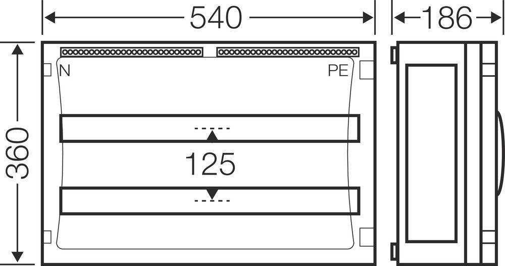 Technische Zeichnung eines rechteckigen Gerätes mit den Maßen 540 x 360 x 186 mm, zwei horizontalen Öffnungen und Anschlüssen 'N' und 'PE'.