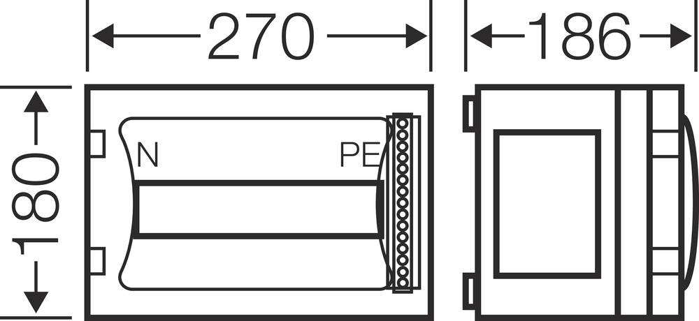 Technische Zeichnung eines Geräts mit Maßen: Breite 270 mm, Tiefe 186 mm, Höhe 180 mm. Beschriftet mit 'N' und 'PE' für Anschlüsse.