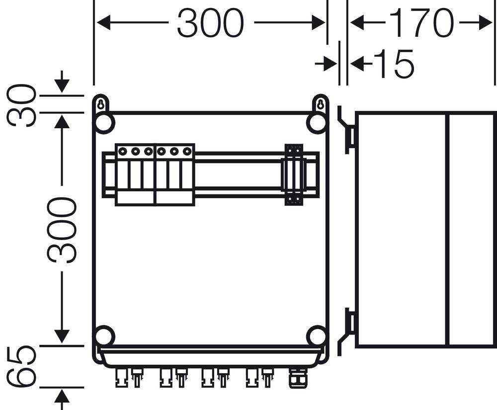 Schaltplan eines elektrischen Gehäuses mit Abmessungen: Gesamtbreite 300 mm, Tiefe 170 mm, Nutzbreite 65 mm.