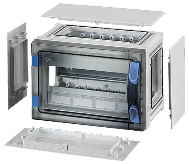 Ein grauer elektrischer Schaltschrank mit abnehmbaren Abdeckungen und mehreren Steckplätzen zur Installation von Geräten.