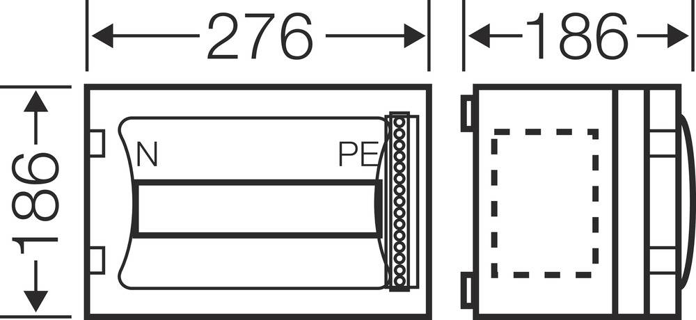 Technische Zeichnung eines rechteckigen Bauteils mit den Maßen 276 mm x 186 mm. Markiert mit 'N' und 'PE' an einer Seite.
