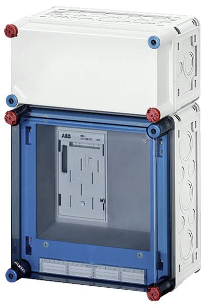Elektrische Gehäusebox mit transparentem blauen Fenster und Umrandungen. Enthält Platz für elektrische Komponenten und Anschlüsse.