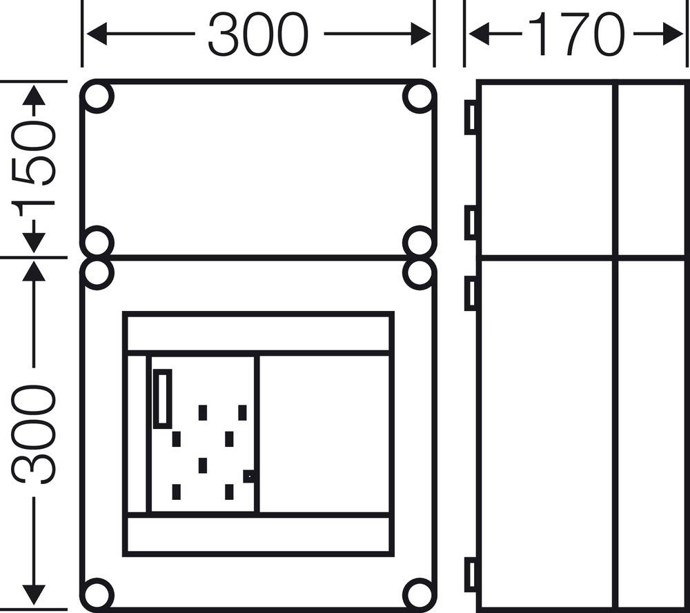 Technische Zeichnung eines rechteckigen Geräts mit Maßangaben: Breite 300 mm, Höhe 300 mm, Tiefe 170 mm. Front- und Seitenansicht.