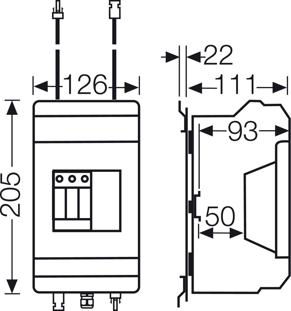 Technische Zeichnung eines elektrischen Geräts mit Maßen: Höhe 205 mm, Breite 126 mm, Tiefe 111 mm, Schnittdarstellung rechts.