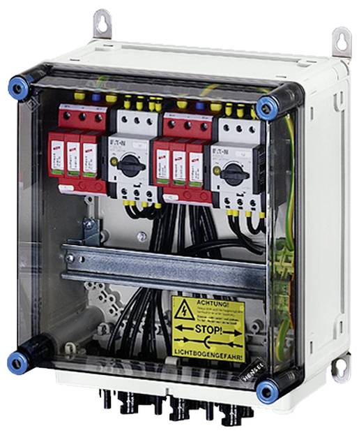 Ein elektrischer Schaltschrank mit roten und weißen Schaltern, beschriftet mit 'Stop! Lichtbogengefahr'. Verbindungen sind sichtbar.