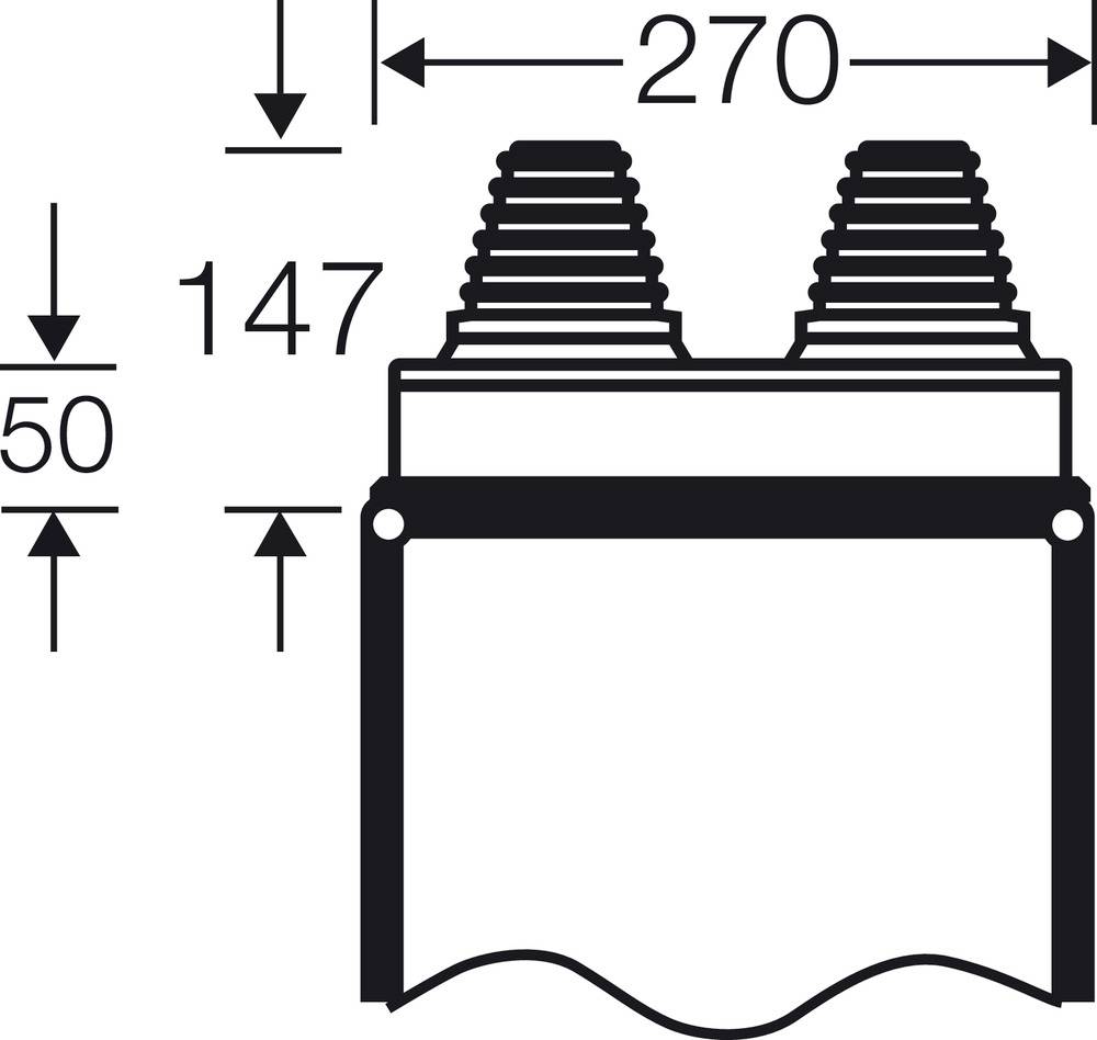 Technische Zeichnung eines Gehäuses mit Maßen: Breite 270 mm, Höhe inkl. Gewinde 147 mm, unterer Abschnitt bis Öffnung 50 mm.