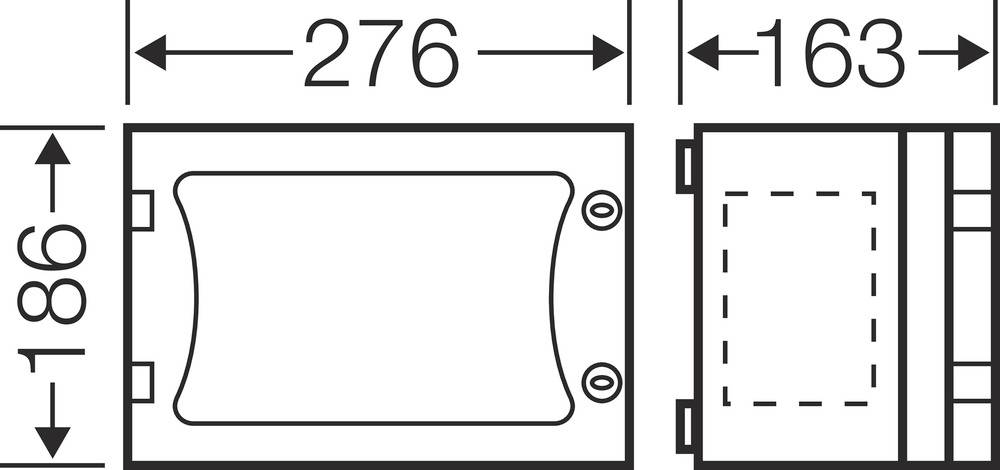 Technische Zeichnung eines rechteckigen Objekts mit den Maßen 276 x 186 mm und 163 mm Tiefe, Seitenansicht zeigt Aussparungen.