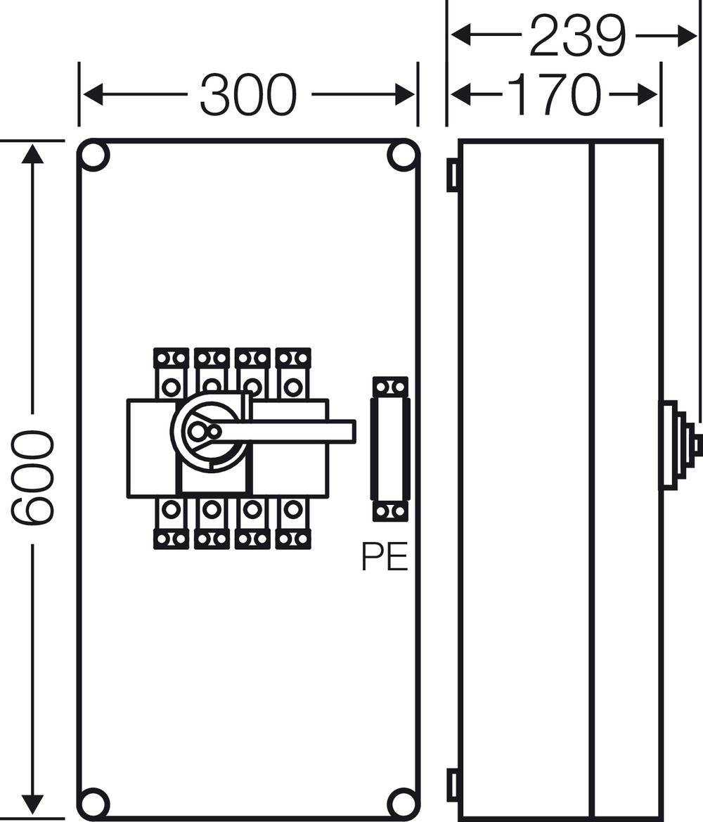 Zeichnung eines elektrischen Schaltkastens mit Abmessungen: 600 mm x 300 mm x 170 mm. Hebel und PE-Anschluss sind sichtbar.
