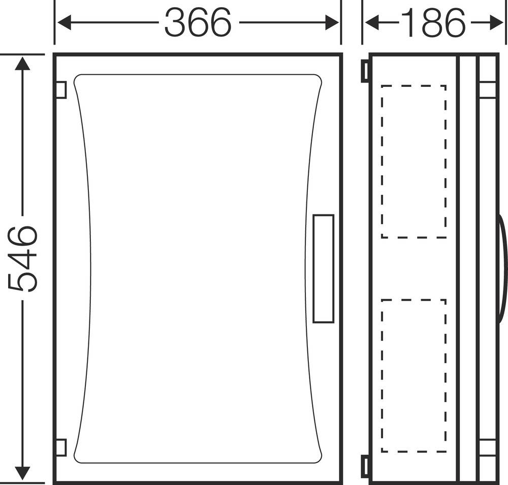 Technische Zeichnung eines rechteckigen Kastens mit den Maßen: Breite 366 mm, Tiefe 186 mm, Höhe 546 mm. Seiten- und Frontalansicht gezeigt.