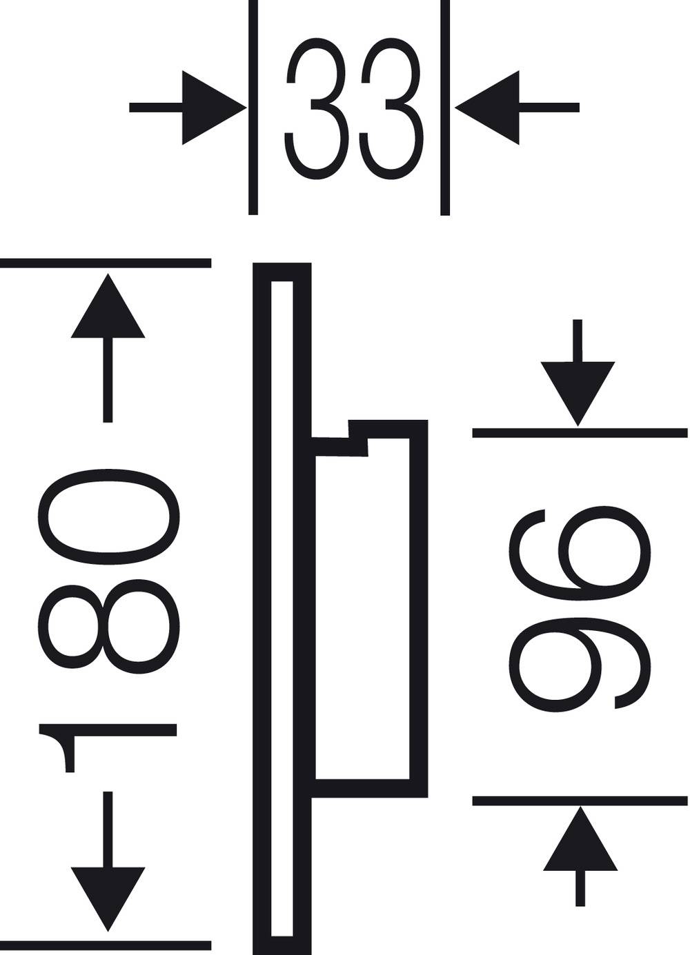 Technische Zeichnung mit Abmessungen: Höhe 180, Breite 33, Tiefe 96. Zeigt Seitenansicht eines rechteckigen Objekts mit zentralem Abschnitt.
