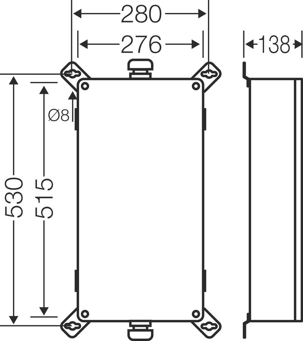 Technische Zeichnung eines rechteckigen Gehäuses mit Maßen: Breite 280 mm, Höhe 530 mm, Tiefe 138 mm.