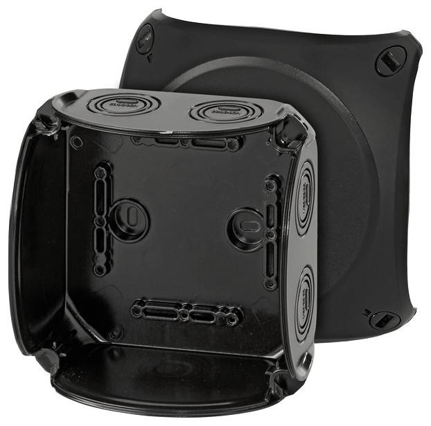 Schwarze Kunststoff-Abzweigdose, quadratisch, zeigt eine geöffnete und eine geschlossene Ansicht. Geeignet für elektrische Installationen.