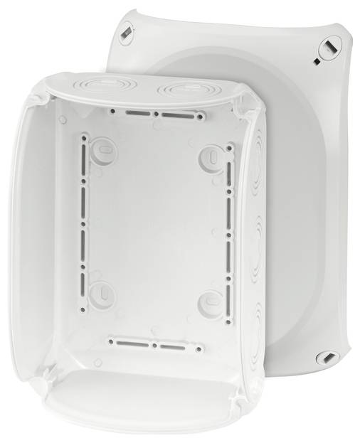 Zwei weiße Kunststoff-Elektroinstallationsdosen in unterschiedlichen Größen, ineinander gesteckt, mit seitlichen Sichteinlässen.