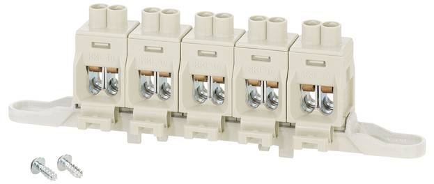 Five beige terminal blocks for electrical connections, mounted on a rail, with two screws in the foreground for installation.