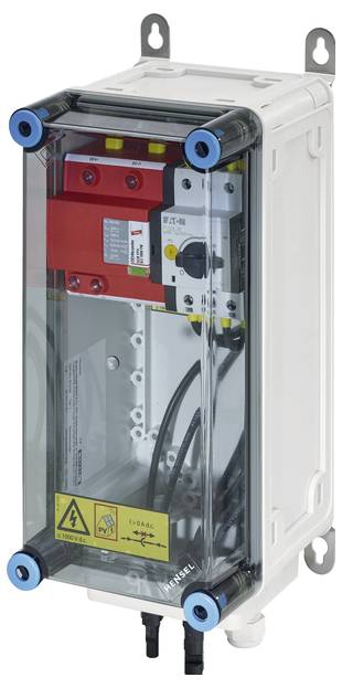 Ein weißes elektrisches Anschlussgehäuse mit transparentem Deckel und einem innenliegenden roten Schalter, das für Sicherungen genutzt wird.