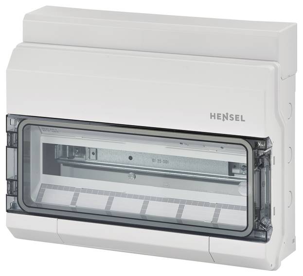 Ein weißer Sicherungskasten mit transparentem Deckel, der Marke Hensel. Der Kasten ist leer und zur Wandmontage geeignet.