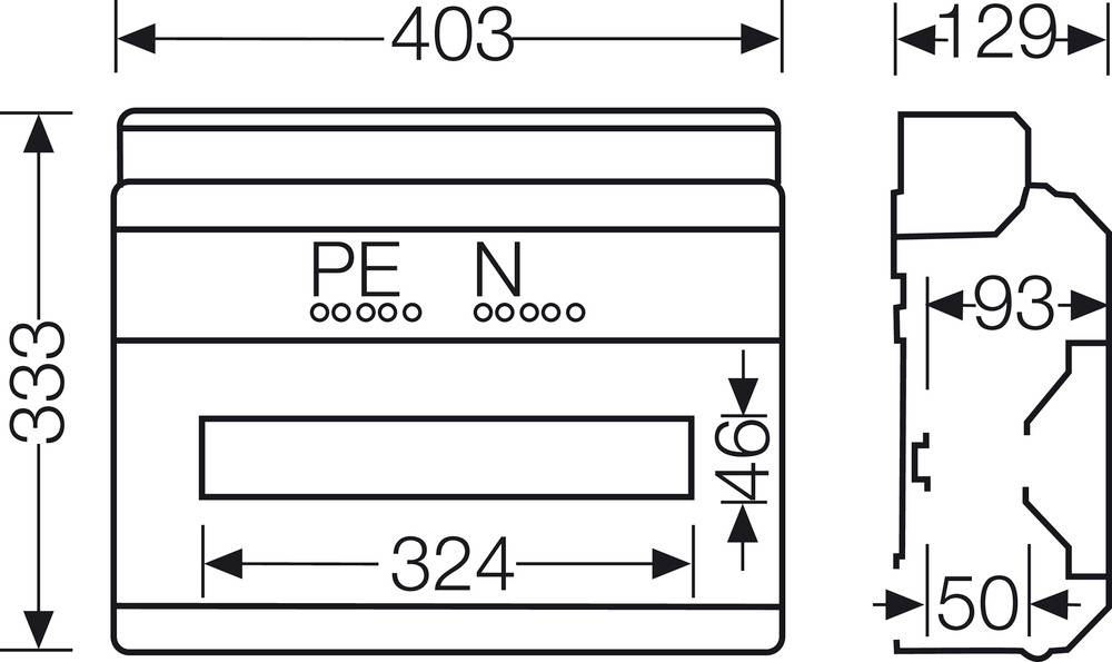 Technische Zeichnung eines rechteckigen Bauteils mit Maßen: Breite 403 mm, Höhe 333 mm. Markierungen 'PE' und 'N' oben.