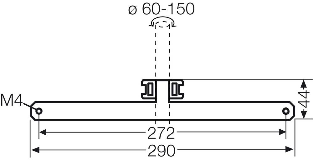Technische Zeichnung einer Halterung: Längenmaße 272 mm und 290 mm, Höhe 44 mm, Bohrung Ø 60-150 mm und Schraubengröße M4.