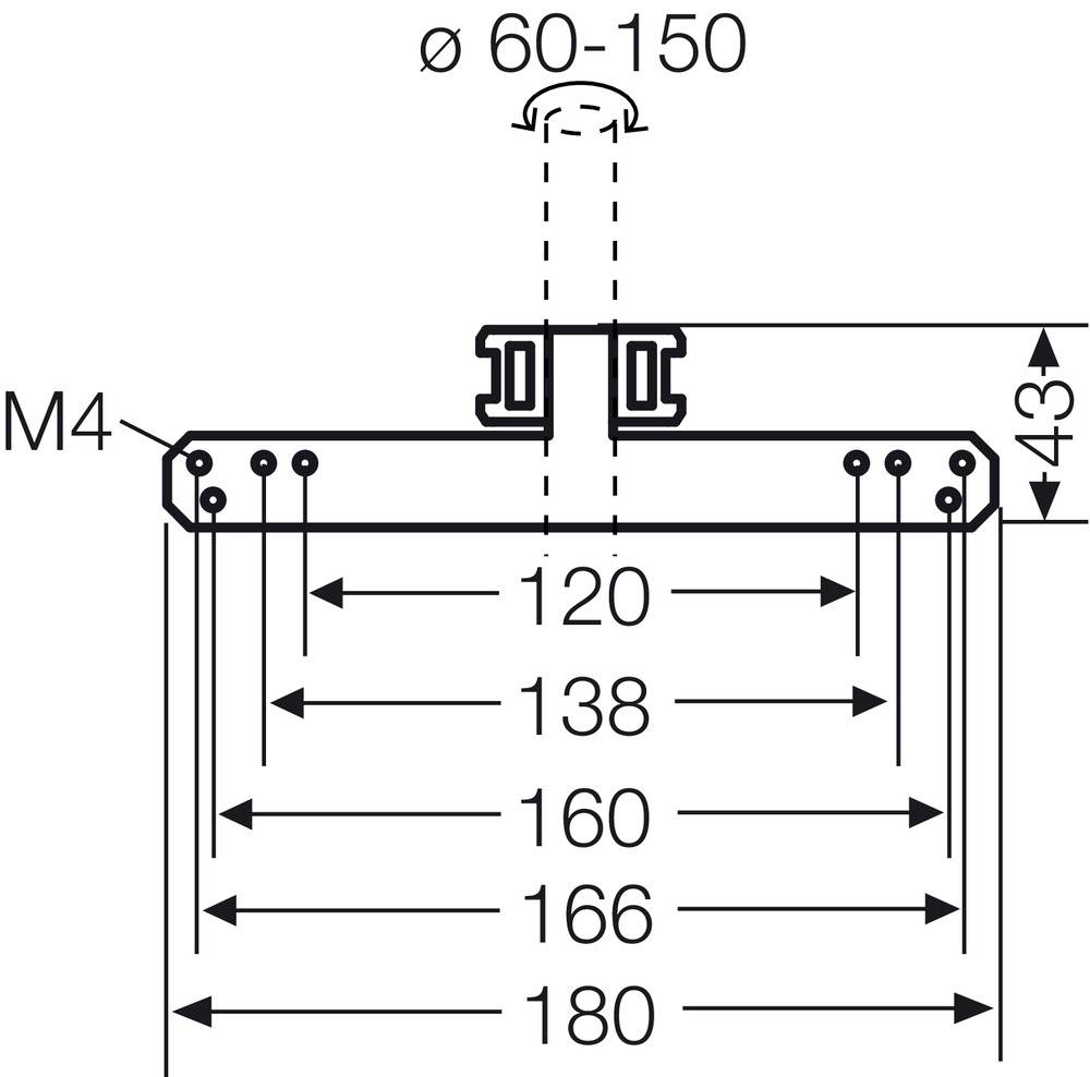 Technische Zeichnung eines Bauteils mit Maßen: Breite 180 mm, Höhe 43 mm. Weitere Breitenangaben: 120 mm, 138 mm, 160 mm, 166 mm.