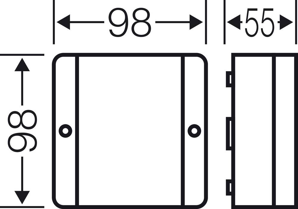 Technische Zeichnung eines Rechtecks mit Abmessungen: Breite 98 mm, Höhe 98 mm, Tiefe 55 mm.