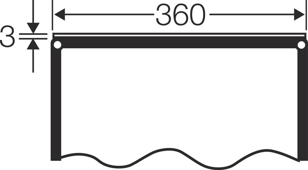 Maßzeichnung einer rechteckigen Platte mit den angegebenen Maßen 360 in der Breite und 3 in der Dicke. Wellenform an der Unterkante.