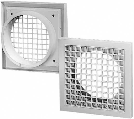 Zwei quadratische Metallgitter, eines mit rundem Ausschnitt, zur Belüftung.