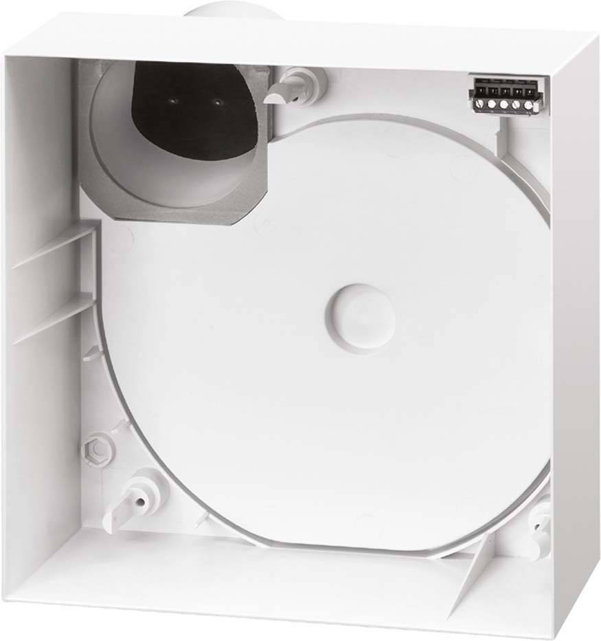 Ein rechteckiges, weißes Kunststoffgehäuse mit einer runden Öffnung und elektrischen Anschlüssen an der Oberseite.