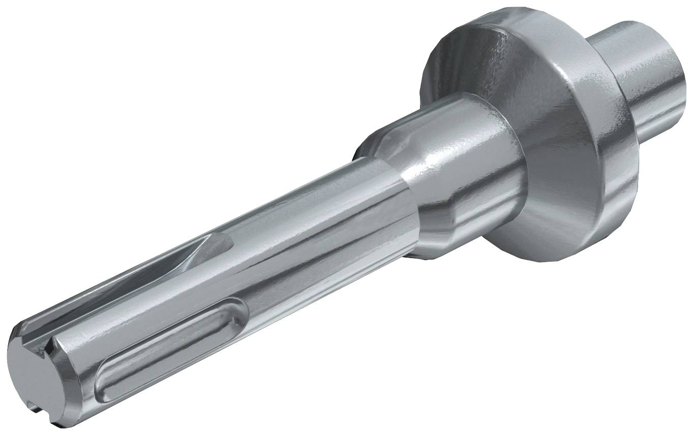 Ein silberner Metallbohreraufsatz mit SDS-Max-Schaft, konisch zulaufend, kompatibel mit Hammerbohrern für Betonarbeiten.