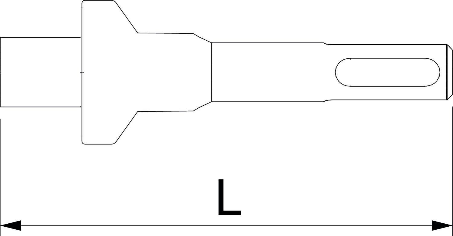 Technische Zeichnung einer Werkzeugspitze mit einer Länge 'L', zeigt Details der Form und des Verbindungsstücks auf der rechten Seite.