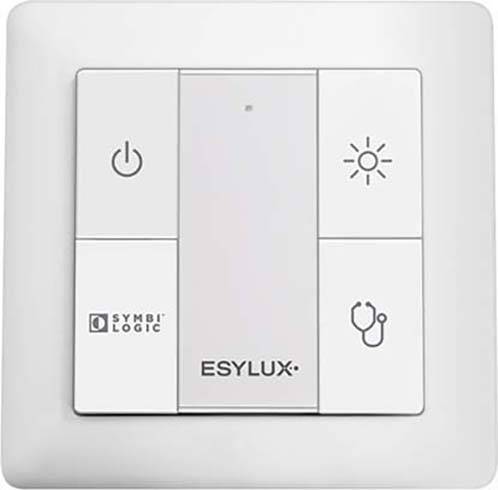 Lichtschalter mit vier Symbolen: Ein-/Aus-Schalter, Helligkeit, Symbi Logic Logo, Arztpraxis-Icon. Marke: ESYLUX.