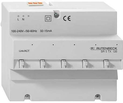 Rutenbeck SR 5 TX GB Schaltgerät, 100-240V, 50-60Hz, 32-15mA. Zeigt Link/ACT Anzeige und L, N, Erde Anschlüsse.