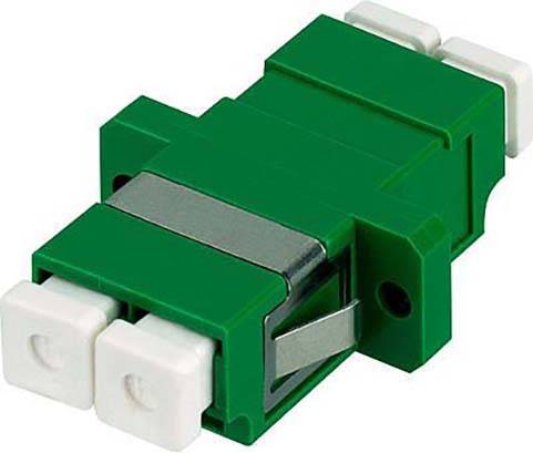 Grüner Glasfaseradapter mit zwei weißen Anschlüssen und Metallelement, verwendet zur Verbindung von Glasfaserkabeln.