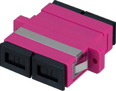 Zweifache faseroptische Adapterkupplung in pink mit schwarzer Fassung, verwendet zur Verbindung von Glasfaserkabeln in Netzwerken.