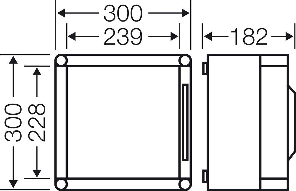 Technische Zeichnung eines rechteckigen Bauteils mit Maßen: 300 mm x 239 mm. Höhe: 228 mm. Seitlicher Schnitt zeigt Tiefe von 182 mm.