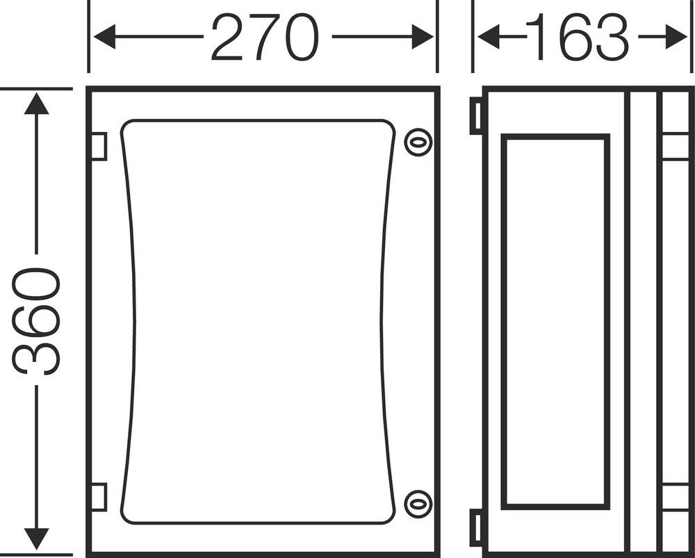Technische Zeichnung eines rechteckigen Kastens mit Maßen: Breite 270 mm, Höhe 360 mm, Tiefe 163 mm. Draufsicht und Seitenansicht.