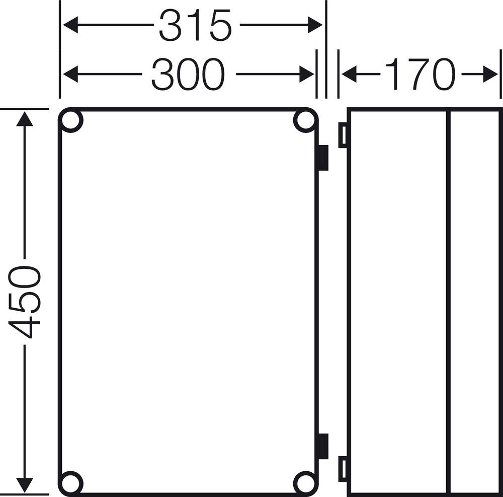 Elektrischer Schaltschrank, rechteckig, Maße: 315x450 mm von vorne, 170 mm Tiefe.