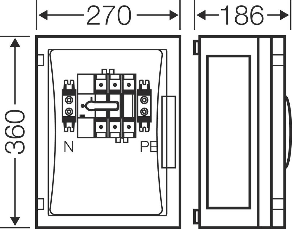 Technische Zeichnung eines Schaltschranks mit Maßangaben: Breite 270 mm, Höhe 360 mm, Tiefe 186 mm. Zeigt Innenansicht mit Anschlüssen 'N' und 'PE'.
